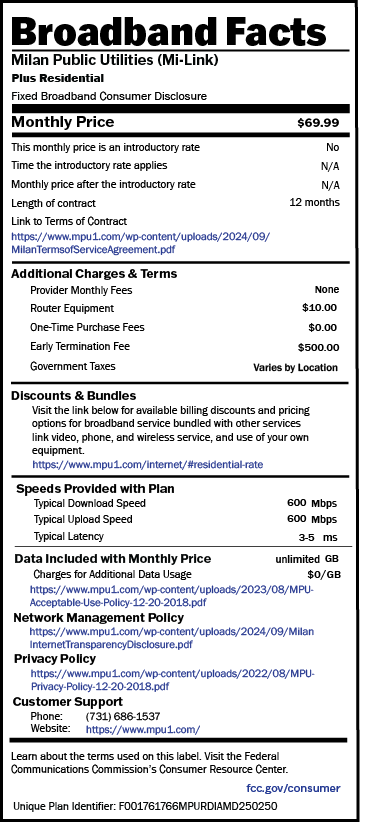 MiLink Plus Residential BroadBand Facts Label MiLink Plus Residential BroadBand Facts Label